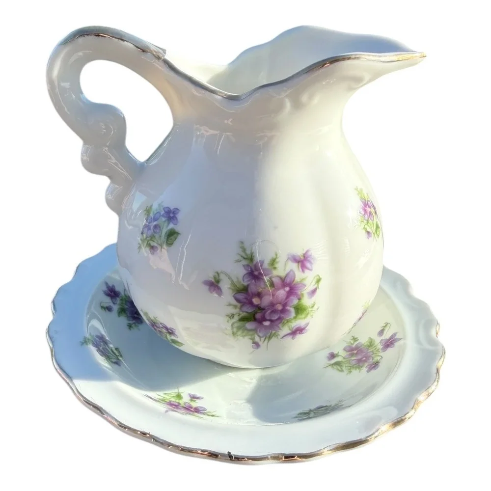 Vintage Lefton China Creamer and Saucer Set 01967 White Purple Violets Gold Trim